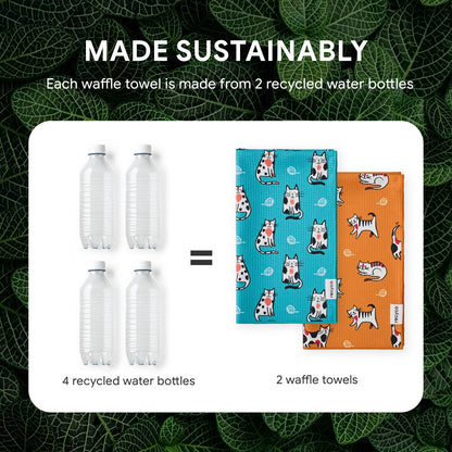 RECYCO Waffle Kitchen Towel Set of 2 - Quick Dry Microfiber Sustainable Dish Towels - Ultra Absorbent Reusable Cleaning Tea Towels - Lightweight Hand Towels,16”x 28”, Cuddly Cats