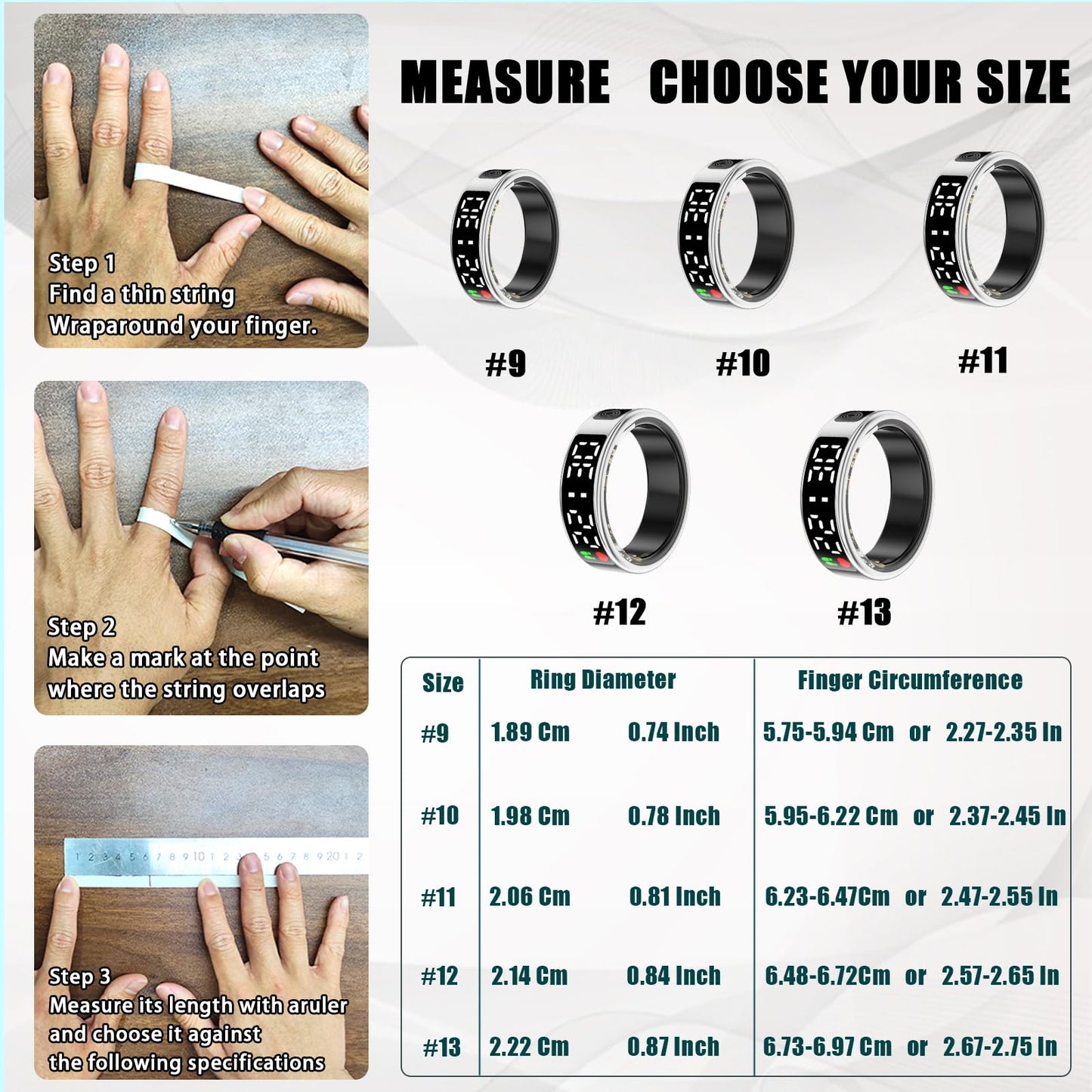 Smart Rings for Men Women,Fitness Tracker Ring,Smart Ring whth Display and Touch Button,IP68waterproof,Health Ring Tracks Heart Rate/Sleep/Steps/Blood Oxygen/Calorie/Distance,No Subscription(Silver13)