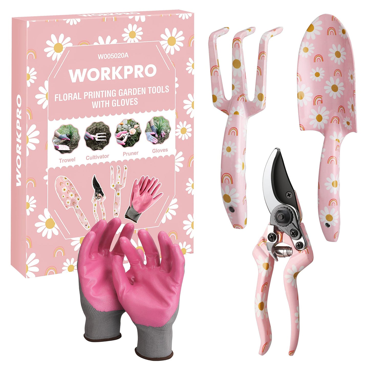WORKPRO Aluminum Garden Tool Set, 4PCS Heavy Duty Gardening Tools with Box Include Trowel, Rake, Pruner, Gloves, Pink, Garden Gifts-Pink Ribbon
