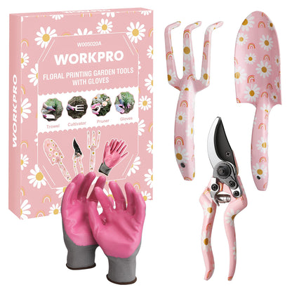 WORKPRO Aluminum Garden Tool Set, 4PCS Heavy Duty Gardening Tools with Box Include Trowel, Rake, Pruner, Gloves, Pink, Garden Gifts-Pink Ribbon