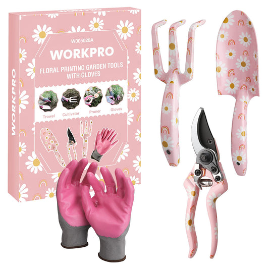 WORKPRO Aluminum Garden Tool Set, 4PCS Heavy Duty Gardening Tools with Box Include Trowel, Rake, Pruner, Gloves, Pink, Garden Gifts-Pink Ribbon