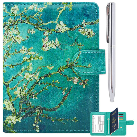 RSAquar Passport and Vaccine Card Holder Combo, Passport Holder Cover Wallet, Leather Card Case Travel Accessories with RFID Blocking for Women and Men (Almond Blossom)