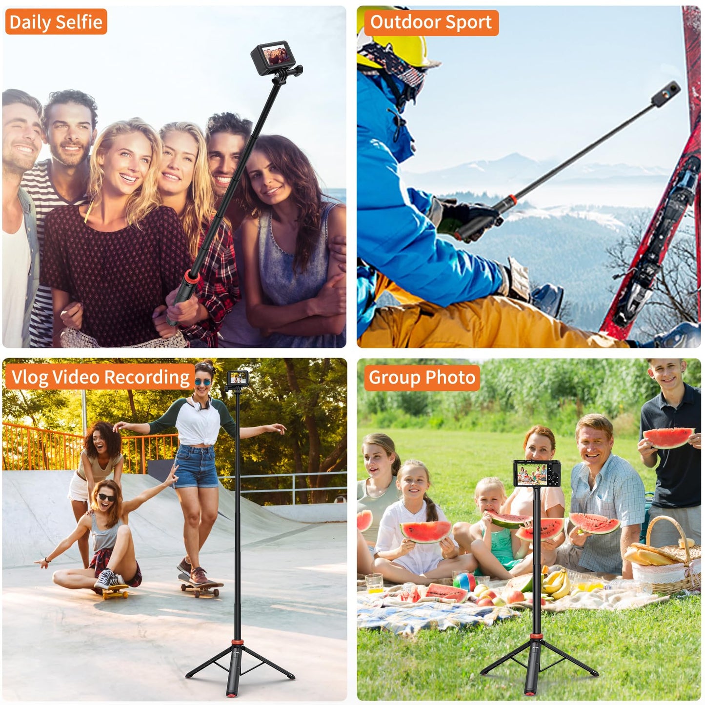 UURig Extendable Selfie Stick Tripod for GoPro Max Hero 10 9 8 7 6 5 4, DJI Osmo Action, Insta 360 One R and More Action Camera（50.7''）