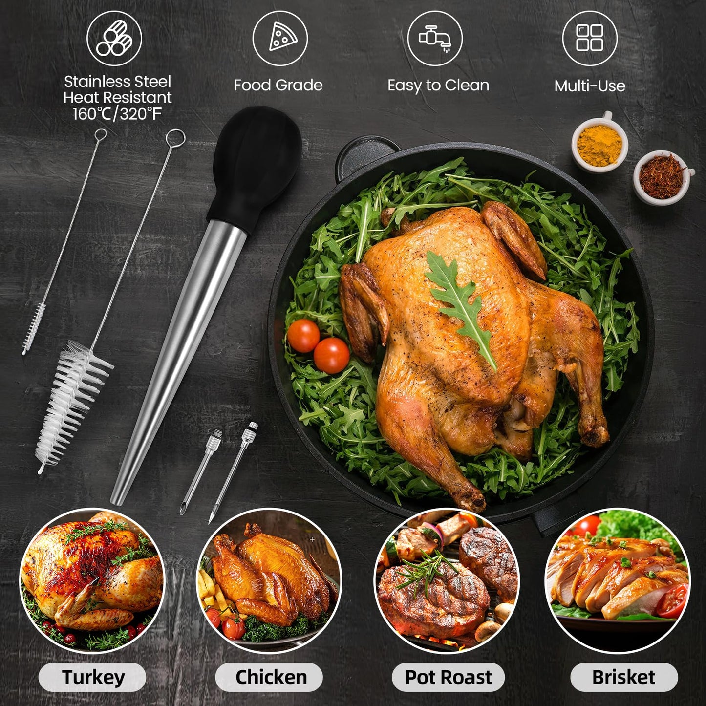 SCHVUBENR Large Turkey Baster with Cleaning Brush & Needle - Stainless Steel Baster Tool for Cooking - Easy to Use and Clean - Heavy Duty Baster Syringe - Flavor Meat Poultry, Beef, Chicken - Black