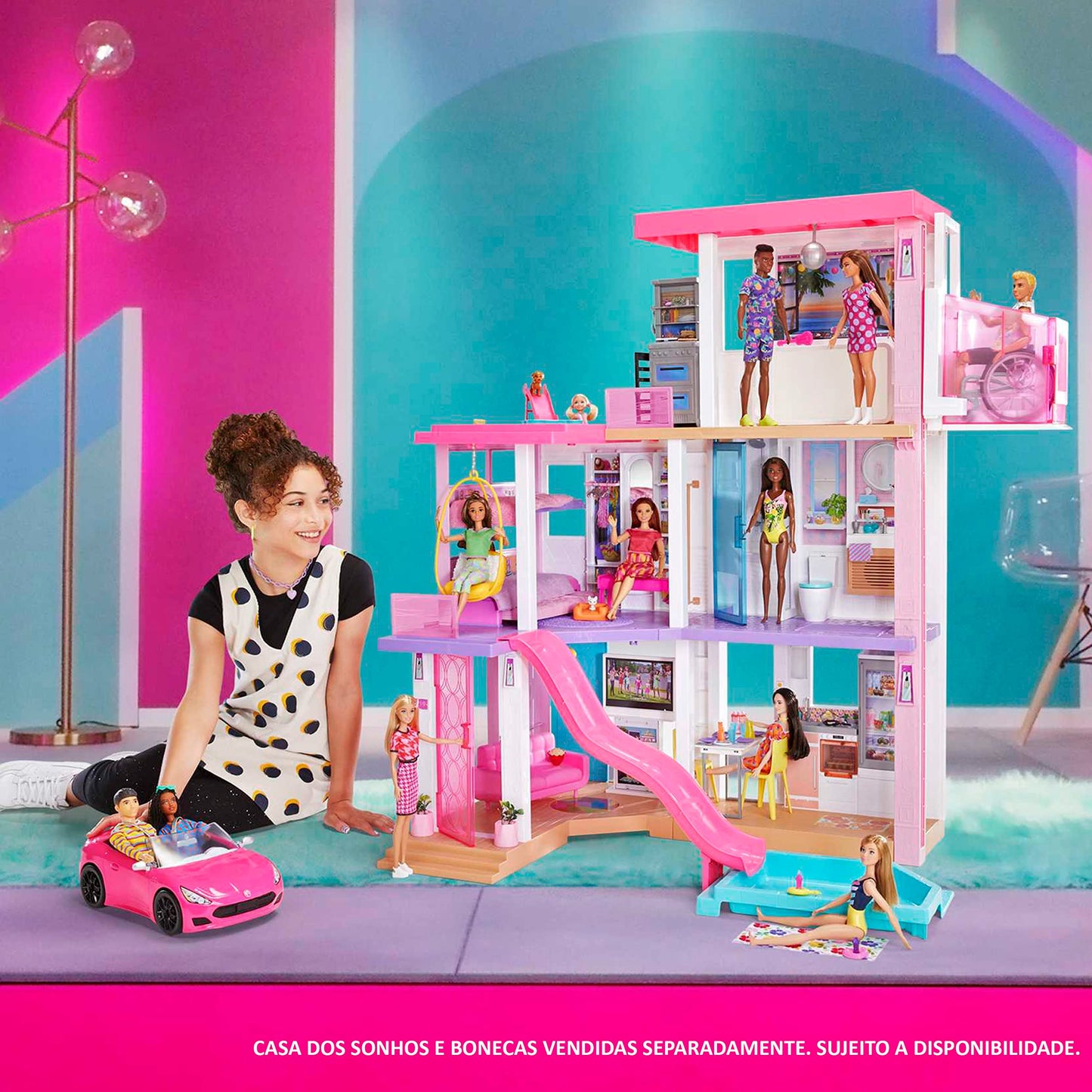 Barbie Toy Car, Bright Pink Doll-Sized Convertible with 2 Seats, Seatbelts & Rolling Wheels, Realistic Details