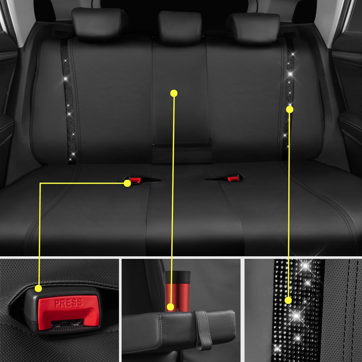 CAR PASS Leather Bling Diamond Car Seat Covers Full Set, Shining Rhinestone Waterproof Durable Rear with Zipper, Universal Fit Automotive Glitter Crystal Sparkle Strip for Cute Women Girly Black
