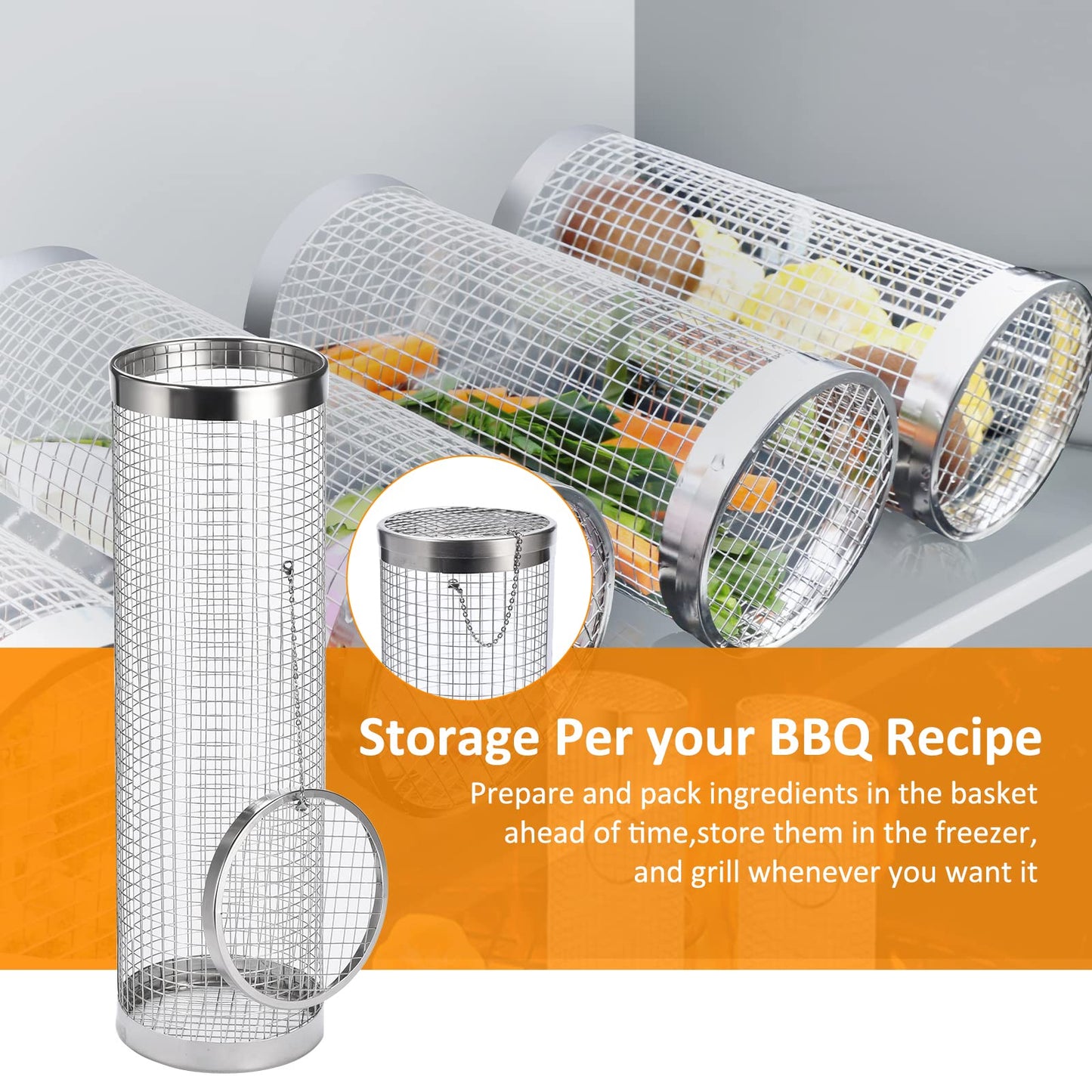 Rolling Grill Baskets (2PCS), Stainless Steel Grill Basket, Dishwasher Safe BBQ Grill Accessories Portable Grill Baskets for Outdoor Grill for Fish, Shrimp, Meat, Vegetables, Fries Outdoor Cooking Camping