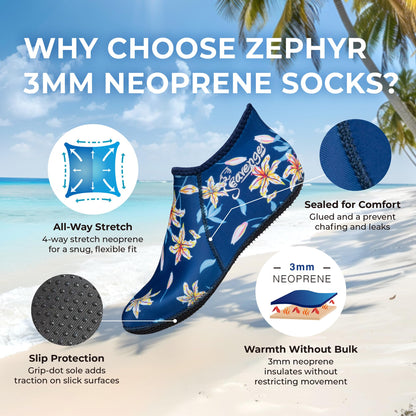 Seavenger Zephyr 3mm Neoprene Socks | Wetsuit Booties for Scuba Diving, Snorkeling, Swimming (Navy, Medium)