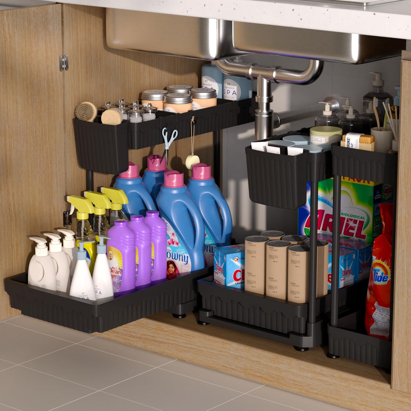 Sevenblue 3 Pack Multi-Purpose Under Sink Organizers and Storage, 2025 L-Shaped Pull Out Cabinet Organizer for Bathroom & Kitchen, Under Cabinet Organizer with Hooks Hanging Cup, Black