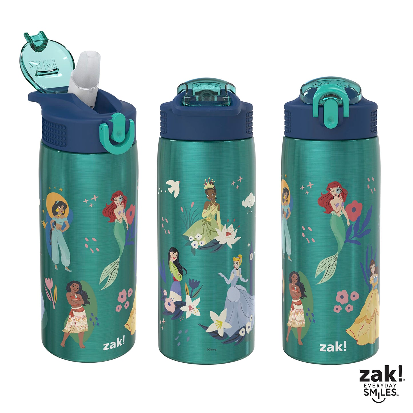 Zak Designs Disney Princess Water Bottle for Travel and At Home, 19 oz Vacuum Insulated Stainless Steel with Locking Spout Cover, Built-In Carrying Loop, Leak-Proof Design (Disney Princess)