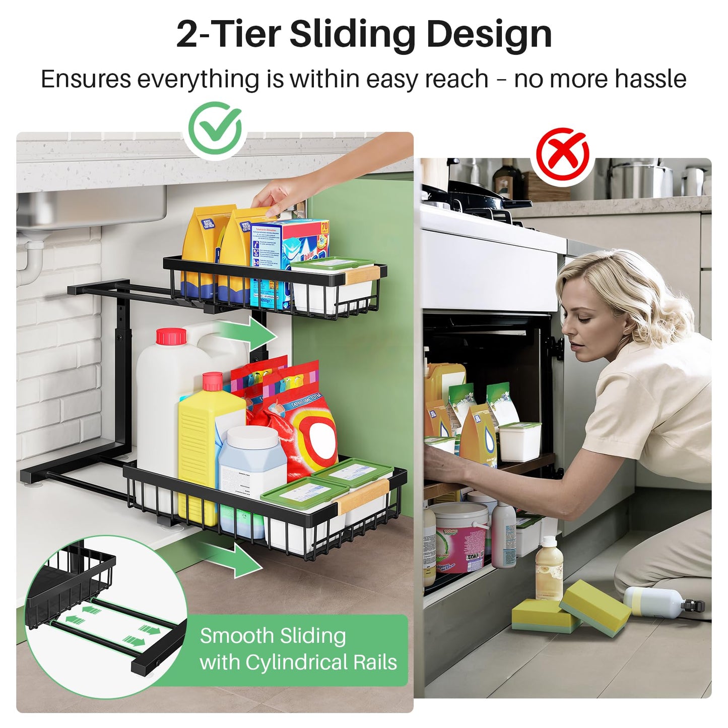 Under Sink Organizer, 2 Packs 2 Tier Under Sink Organizers and Storage, Slide Out Pull Out Cabinet Organizer Shelf, Metal Sliding Drawer for Kitchen Bathroom Pantry Cabinet Closet Organization Rack