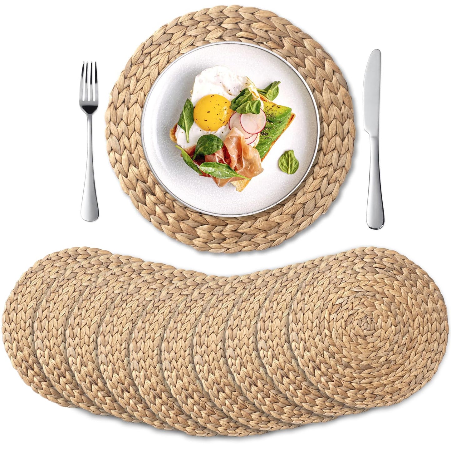 10 Pack, Round Woven Placemats, Natural Water Hyacinth Place mats, Braided Straw Table Mats for Dining Table, Christmas Placemats (13.8 inch)