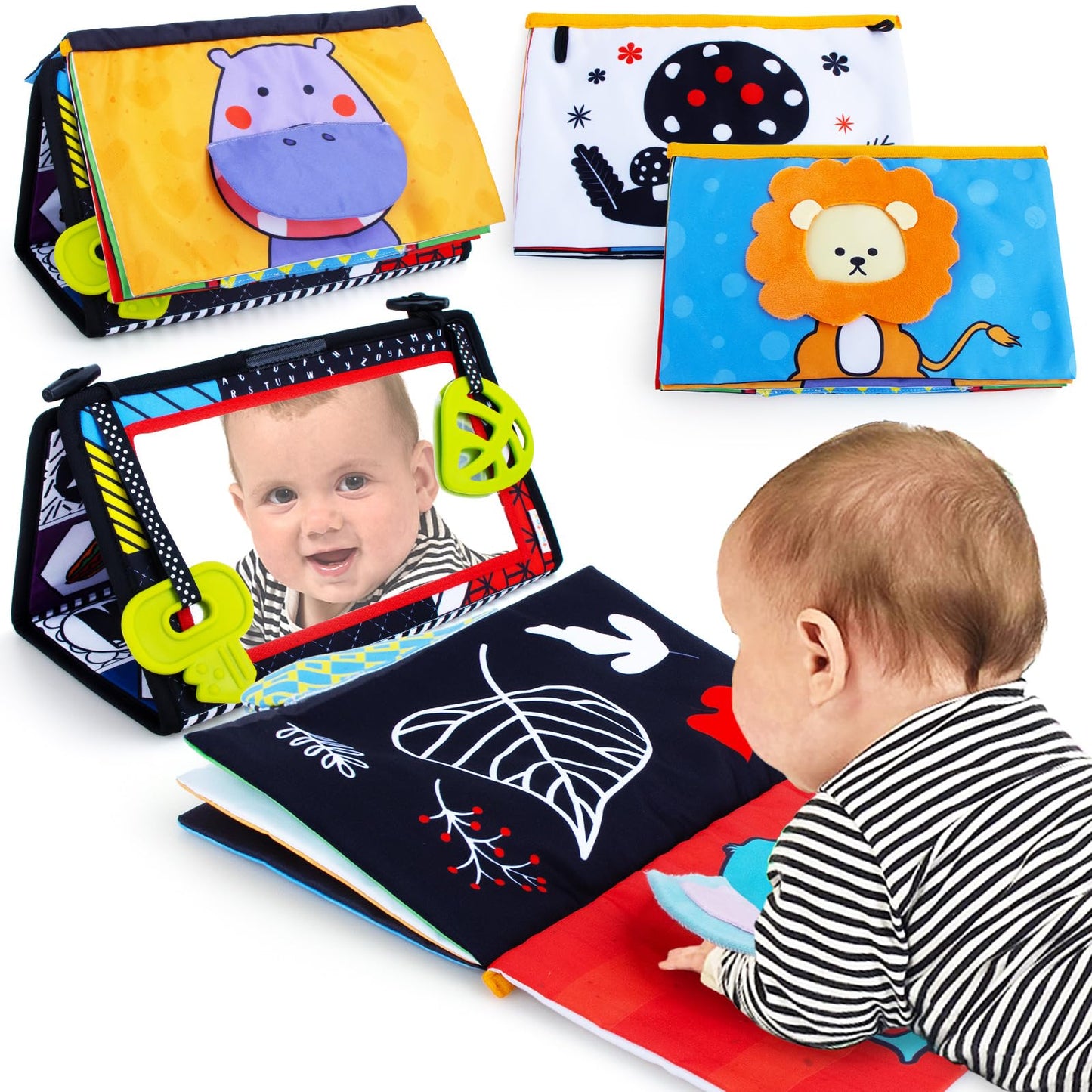 Teytoy Tummy Time Newborn Mirror - Infant Toys 0-3 Months with Brain Developmental Baby Mirror, Cloth Book & Teethers, High Contrast Black and White Sensory Toys for 4-12 Months