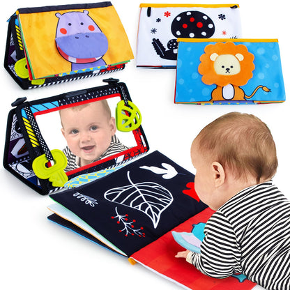 Teytoy Tummy Time Newborn Mirror - Infant Toys 0-3 Months with Brain Developmental Baby Mirror, Cloth Book & Teethers, High Contrast Black and White Sensory Toys for 4-12 Months