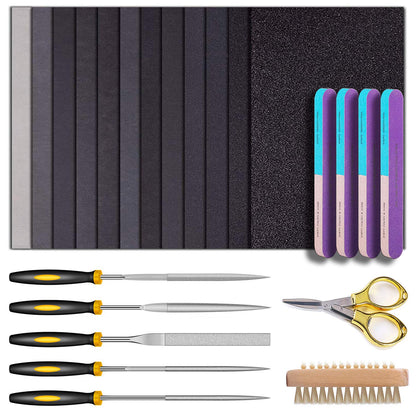 YASPIT Resin Casting Tools Set, 23 Piece - Sanding & Polishing Kit - Includes Sandpaper, File, Blocks, Scissors, Wooden Brush for Epoxy Resin Jewelry