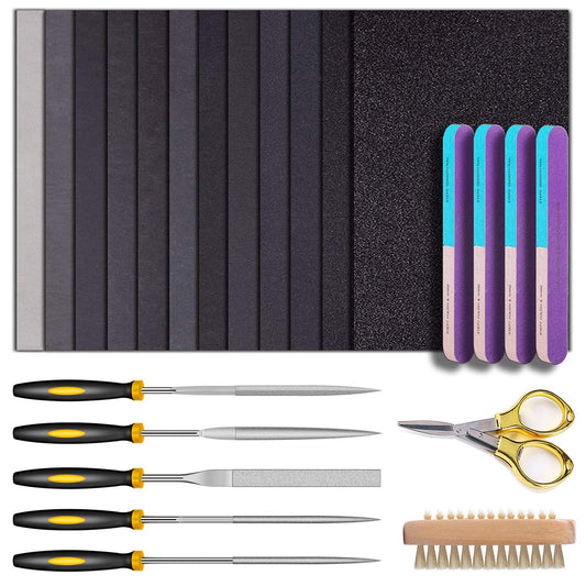 YASPIT Resin Casting Tools Set, 23 Piece - Sanding & Polishing Kit - Includes Sandpaper, File, Blocks, Scissors, Wooden Brush for Epoxy Resin Jewelry
