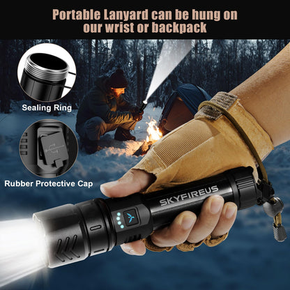 SKYFIRE LED Flashlights High Lumens,2000lm Super Bright Rechargeable Flashlight with Ignition Lens, Zoomable,Powerbank,Waterproof Flash Light for Camping Essentials,Outdoor and Home(Black)