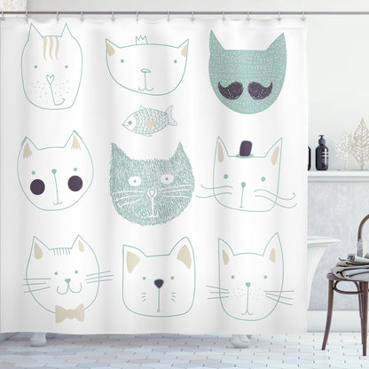 Ambesonne Cat Shower Curtain, Pets Moustache Bow Tie Hat Crown Fluffy and Fish Humor Faces Graphic, Cloth Fabric Bathroom Decor Set with Hooks, 69" W x 84" L, Soft Teal