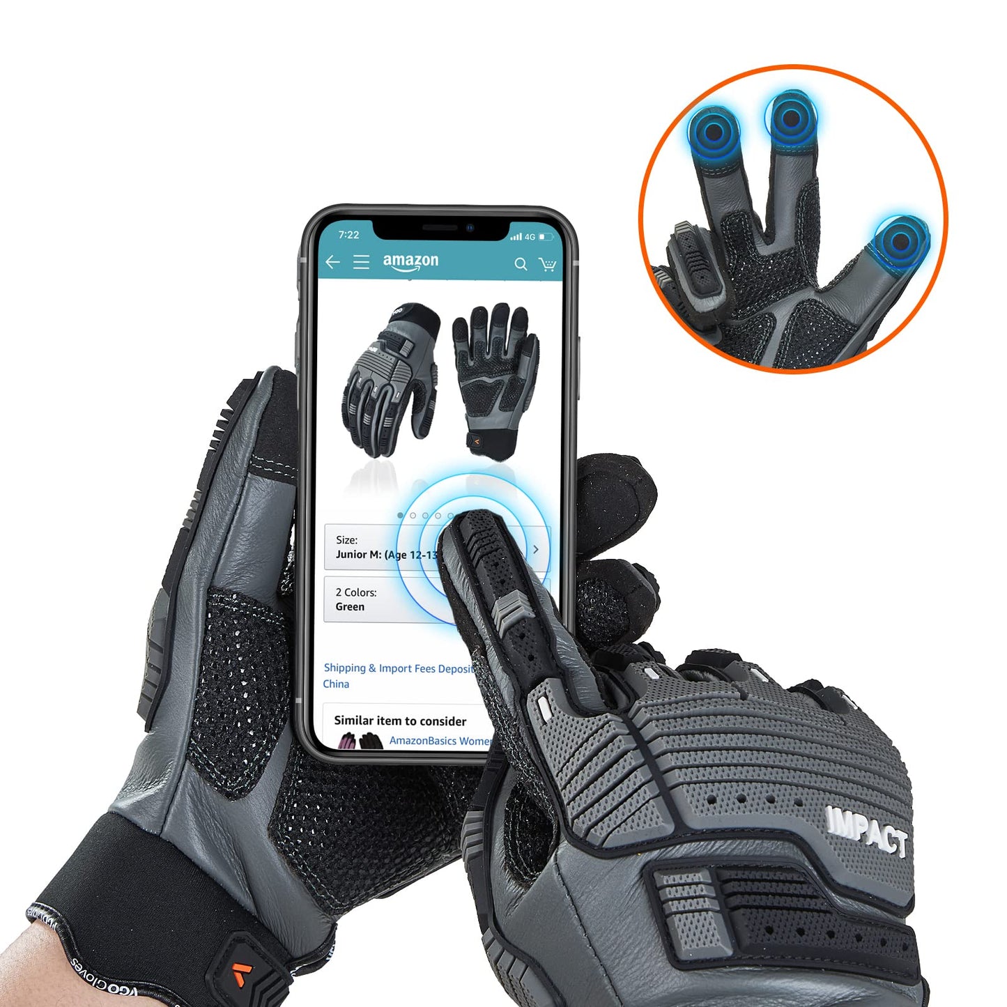 Vgo 1Pair Safety Leather Work Gloves - Mechanics, Impact & Rigger Gloves - Anti-Vibration, Heavy Duty, Water Resistant (Size M, Gray, CA7722WR)