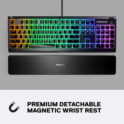 SteelSeries Apex 3 RGB Gaming Keyboard – 10-Zone RGB Illumination – IP32 Water Resistant – Premium Magnetic Wrist Rest (Whisper Quiet Gaming Switch) (Renewed)