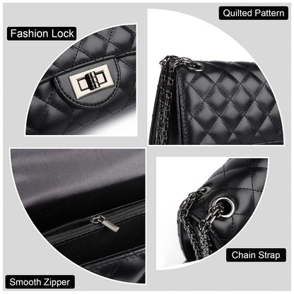 Gladdon Quilted Crossbody Purse for Women Trendy Ladies Shoulder Bag with Chain Designer Purses Black