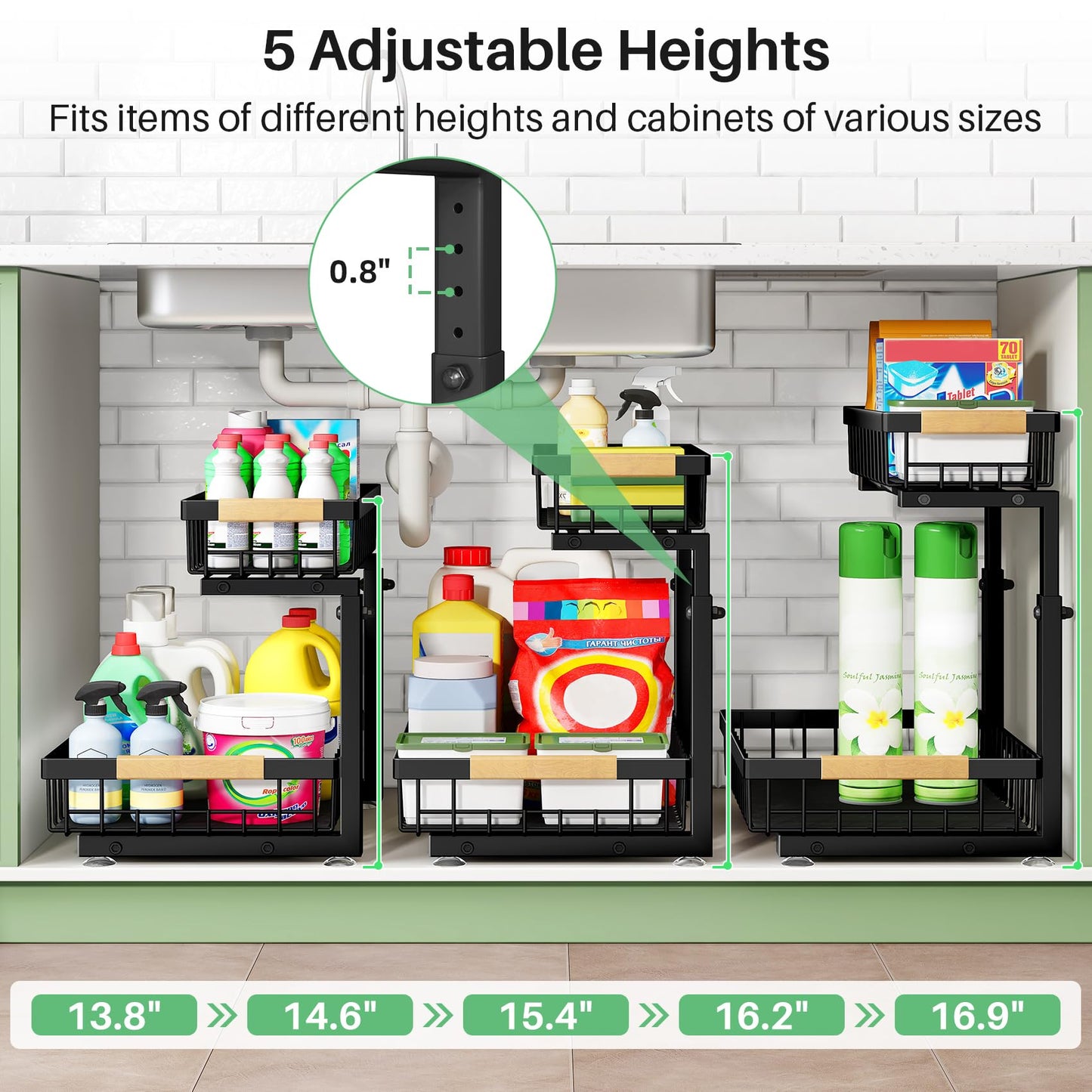 Under Sink Organizer, 2 Packs 2 Tier Under Sink Organizers and Storage, Slide Out Pull Out Cabinet Organizer Shelf, Metal Sliding Drawer for Kitchen Bathroom Pantry Cabinet Closet Organization Rack