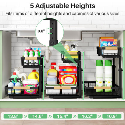 Under Sink Organizer, 2 Packs 2 Tier Under Sink Organizers and Storage, Slide Out Pull Out Cabinet Organizer Shelf, Metal Sliding Drawer for Kitchen Bathroom Pantry Cabinet Closet Organization Rack