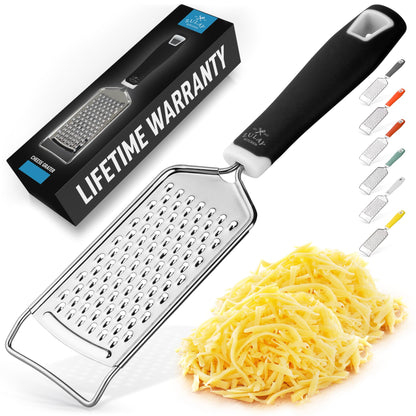 Zulay Kitchen Professional Cheese Grater Stainless Steel - Durable Rust-Proof Metal Lemon Zester Grater With Handle - Flat Handheld Grater For Cheese, Chocolate, Spices, And More - Black