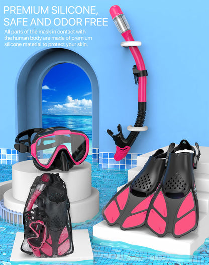 Ubekezele Snorkeling Gear for Adults Men Women,4 in 1 Snorkel Set with Panoramic View Diving Mask Anti-Fog Anti-Leak,Dry Top Snorkel,Fins and Travel Bag for Swimming,Snorkeling and Travel Diving