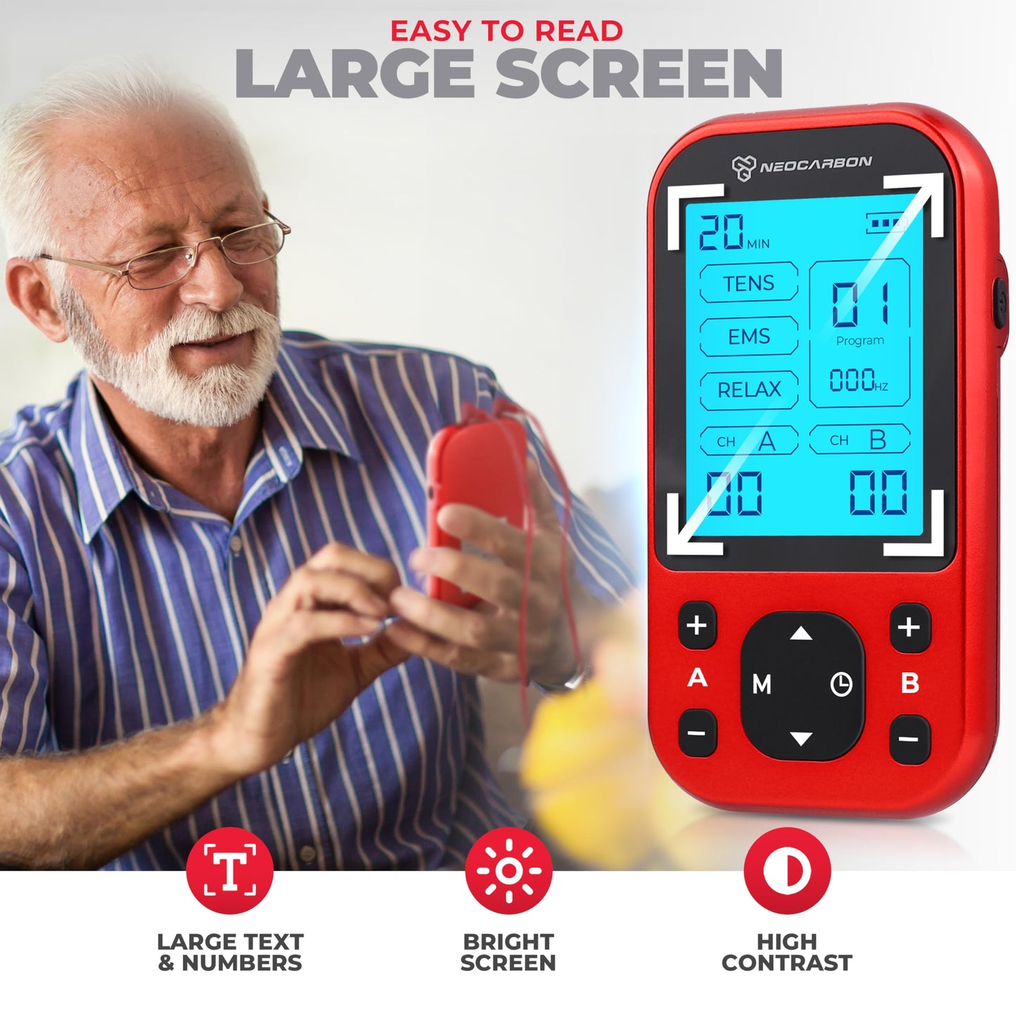 TENS Unit Muscle Stimulator Pro for Back Pain Relief, Shoulder Recovery and Physical Therapy, Electronic EMS Massager Machine with PMS Pulse for Effective Shock Therapy, Red