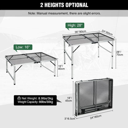 RedSwing Portable Grill Table for Outside, Aluminum Folding Grill Stand Table for Outdoor Camping Picnic BBQ, Lightweight Adjustable Height, 36"x24"x15"/28" Sliver