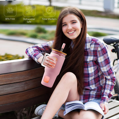 WINSA Glass Tumbler with Straw and Lid, 32 oz Glass Cup with Handle, Glass Water Bottles with Time Marker, 2 Straws - Pearl Straw & Drinking Straw Silicone Protective Sleeve-Pink