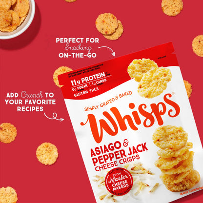 Whisps Cheese Crisps Asiago & Pepper Jack | Protein Chips | Healthy Snacks | Protein Snacks, Gluten Free, High Protein, Low Carb Keto Food (2.12 Oz, 6 Pack)