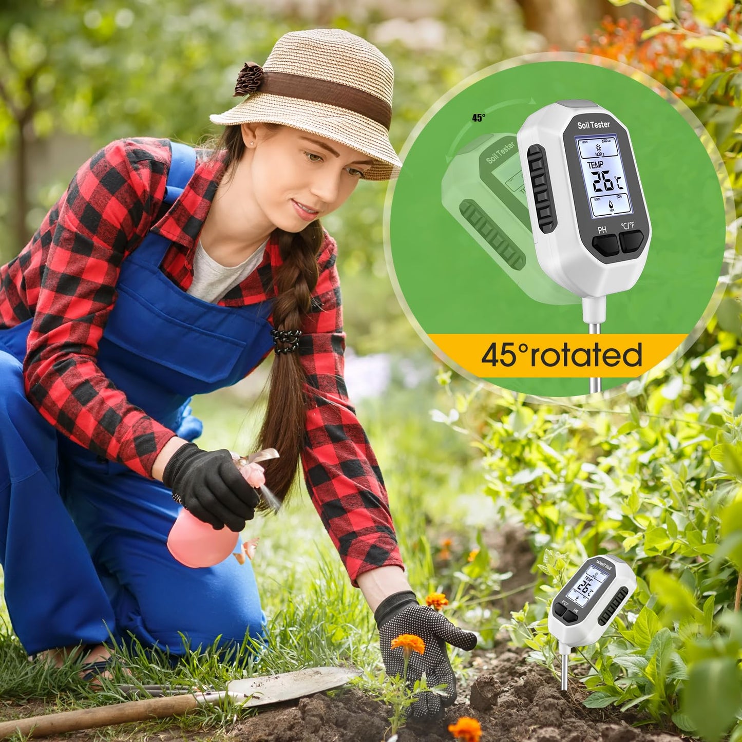 YAMRON 4-in-1 Soil Moisture Meter Digital Plant Temperature/Soil Moisture/PH Meter/Sunlight Intensity Backlight LCD Display Soil Test Meter for Gardening, Farming and Outdoor Plants
