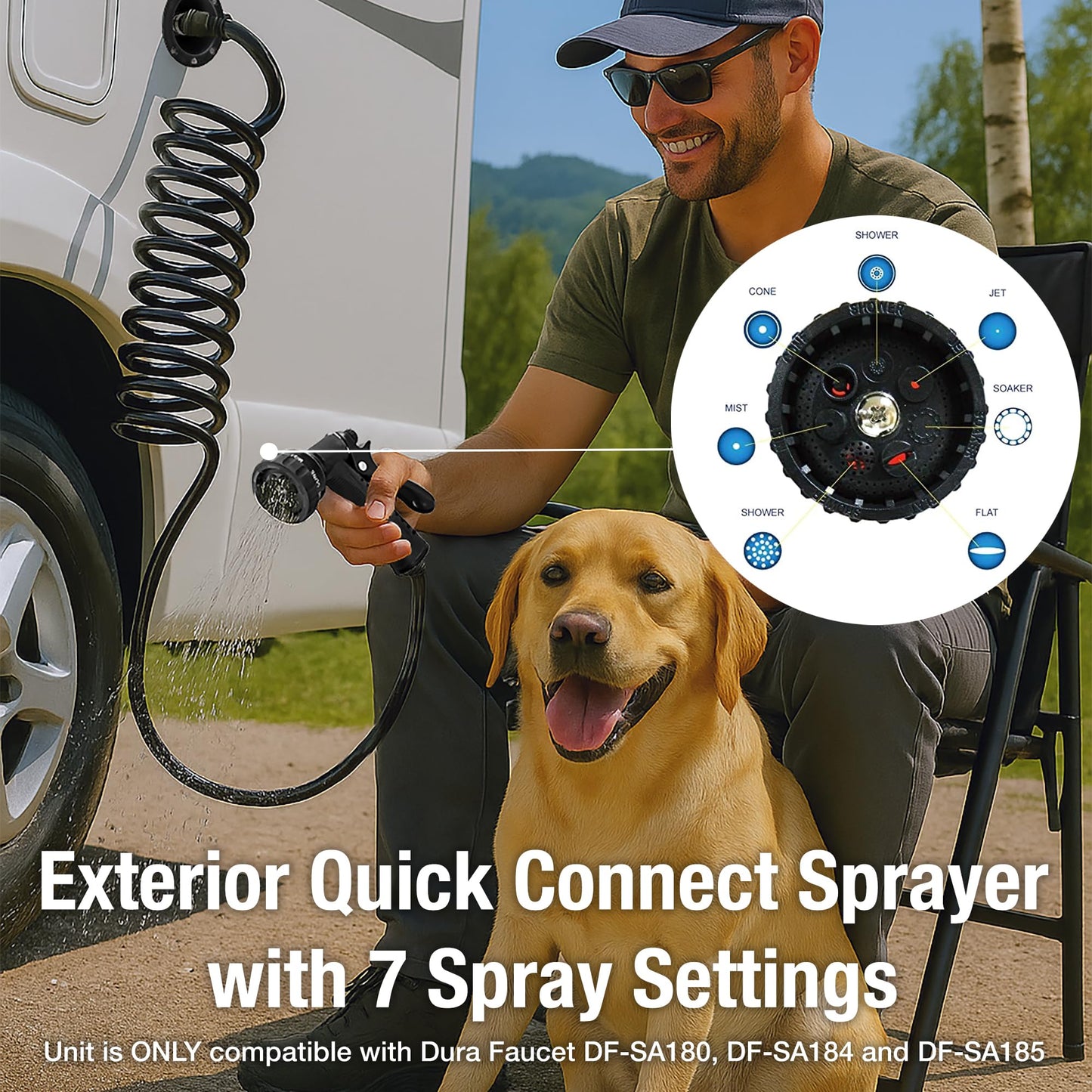Dura Faucet DF-SA187-WT RV Exterior Quick Connect Sprayer with 7 Spray Settings and Coiled Hose Kit (Blue)