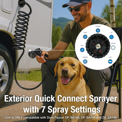 Dura Faucet DF-SA187-WT RV Exterior Quick Connect Sprayer with 7 Spray Settings and Coiled Hose Kit (Blue)