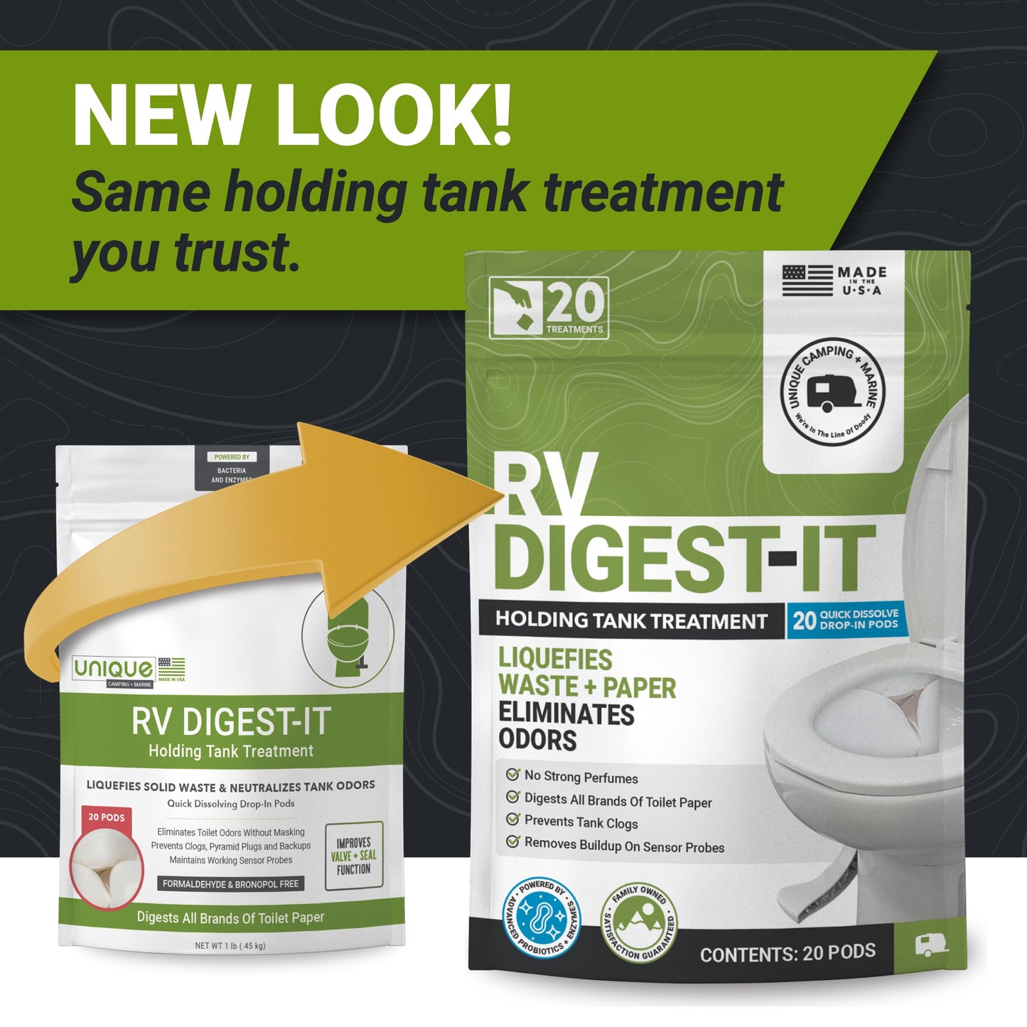 Unique RV Digest-It Classic RV Toilet Treatment, Drop-In Pod - Convenient, Dissolvable, Mess-Free - Eliminates Odors and Liquifies Waste (20 Pods)