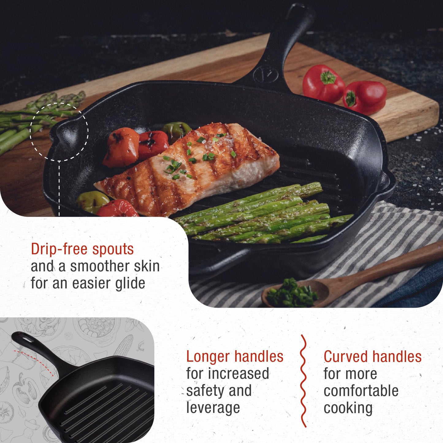 Victoria Cast Iron Grill Pan, Square Grill Pan, Cast Iron Griddle Pan, Seasoned with 100% Kosher-Certified, Non-GMO Flaxseed Oil, Black, 10 Inches
