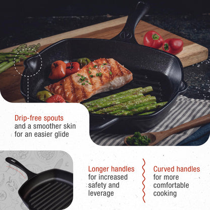 Victoria Cast Iron Grill Pan, Square Grill Pan, Cast Iron Griddle Pan, Seasoned with 100% Kosher-Certified, Non-GMO Flaxseed Oil, Black, 10 Inches