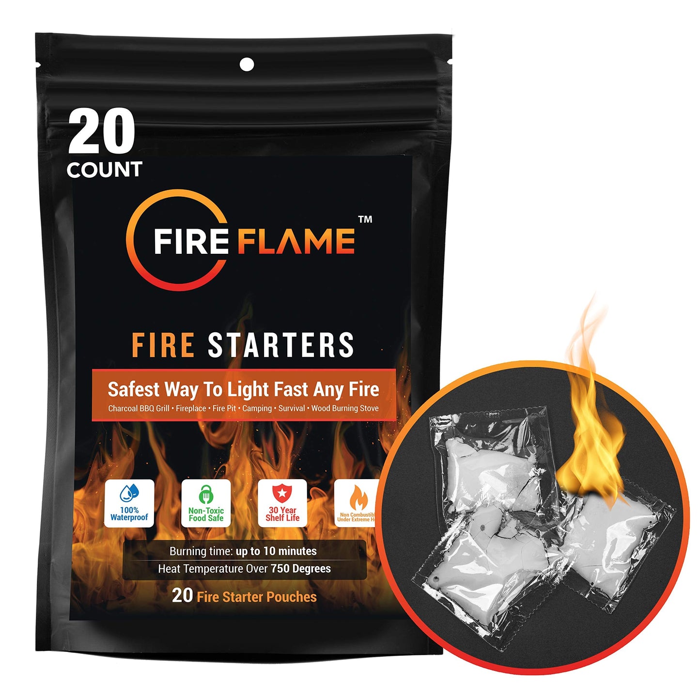 FireFlame Quick Instant Fire Starter -100% Waterproof All-Purpose Indoor & Outdoor FireStarter, for Charcoal Starter, Campfire, Fireplace, Firepit, Smoker - Odorless and Non-Toxic - 20 Pouches in Bag