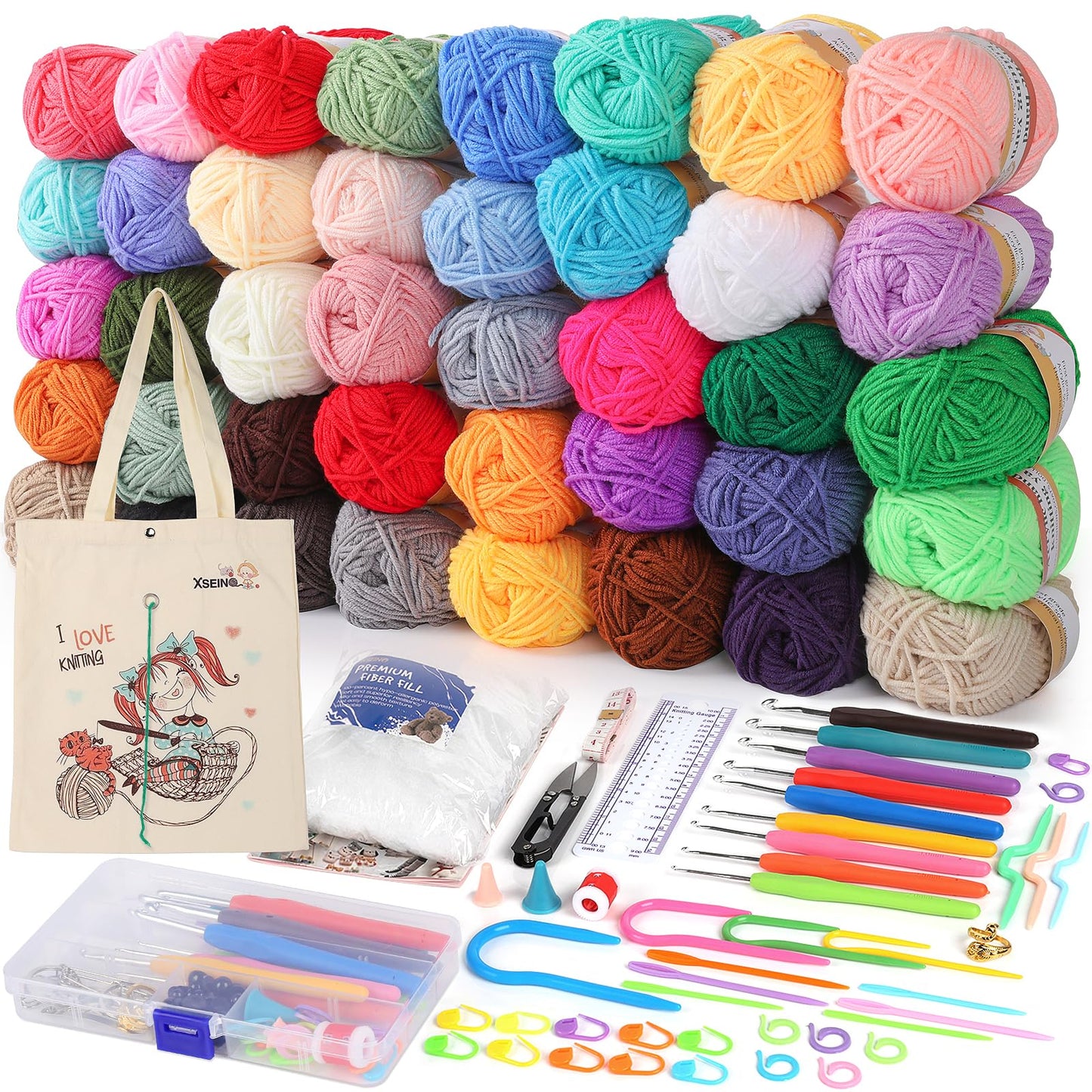 XSEINO Crochet Kit with Crochet Hooks Yarn Set - Premium Bundle Includes 40 Colors Crochet Yarn Balls, Crochet Kit, Accessories Kit, Crochet Bag and Lot More - Starter Pack for Kids Adults