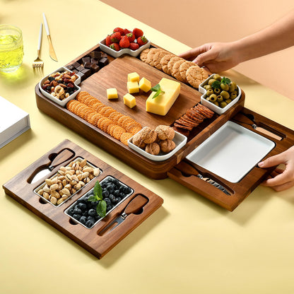 Shanik Upgraded Acacia Cheese Board Set, Square Shaped Charcuterie Set, Cheese Platter, Handcrafted Design and Stainless Steel Cutlery Set - Gift for Any Occasion No Engraving