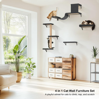 FUKUMARU Cat Wall Shelves, Stable & Safe 4 in 1 Cat Furniture Set, Wooden Climbing Wall with Scratching Post for 16 Inch Drywall - Gray