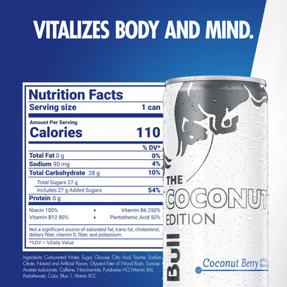 Red Bull Coconut Edition Energy Drink, Coconut Berry, with 80mg Caffeine plus Taurine & B Vitamins, 8.4 Fl Oz, Pack of 24 Cans