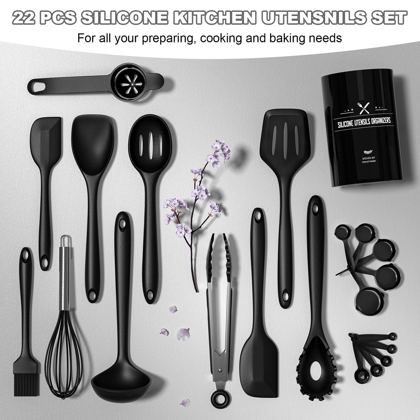 Silicone Kitchen Utensils Set, Umite Chef 22Pcs Cooking Utensils Spatula Set, Heat Resistant Non-Stick Silicone, Dishwasher Safe Cooking Gadgets Tools Set(Black)
