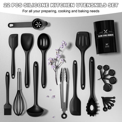 Silicone Kitchen Utensils Set, Umite Chef 22Pcs Cooking Utensils Spatula Set, Heat Resistant Non-Stick Silicone, Dishwasher Safe Cooking Gadgets Tools Set(Black)