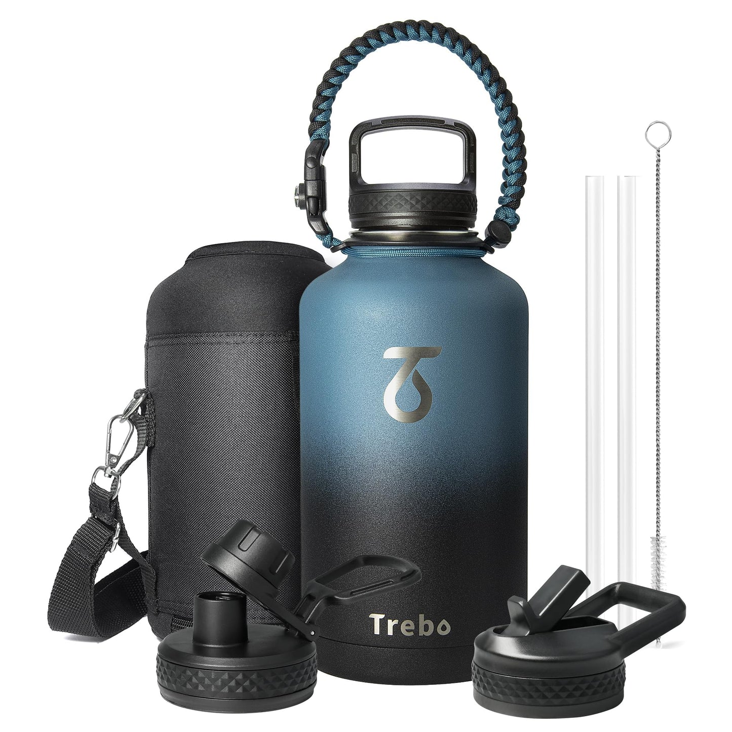 Trebo Water Bottle 64oz with Paracord Handle, Half Gallon Large Vacuum Double Wall Stainless Steel Insulated Water Jug with Holder Strap Straw Spout Lids, Leakproof Keep Cold & Hot, Indigo/Black