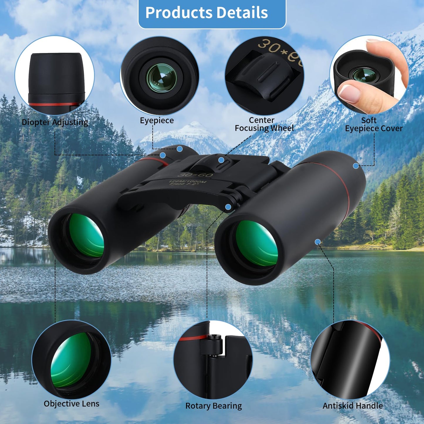 ZIYOUHU Compact 30x60 Binoculars for Adults,Suitable for Adults and Children Bird Watching Travel Sightseeing, Waterproof Lightweight Small Binoculars, with Clear Low-Light Vision
