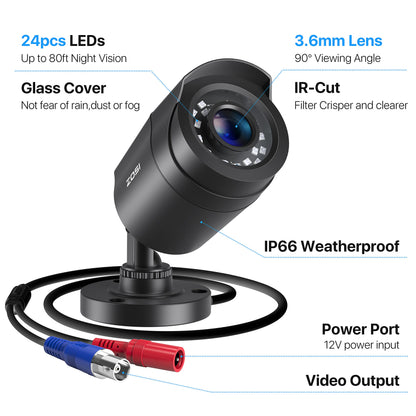 ZOSI 1080P 4 Pack HD TVI Security Cameras, 80ft Night Vision, Outdoor Indoor Weatherproof Bullet Camera for 1080P/5MP/4K HD TVI Analog CCTV DVR System