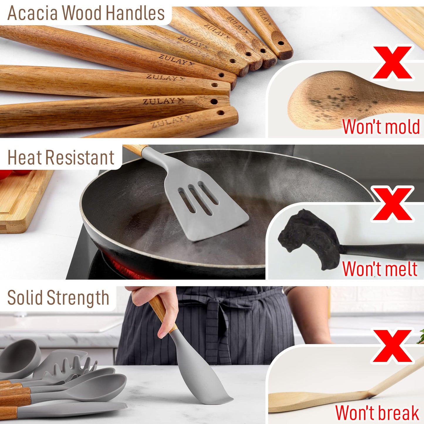Zulay Kitchen Utensils Set Non-Stick Silicone Cooking Utensils Set with Authentic Acacia Wood Handles - 8 Piece Set - Silicone Kitchen Utensils Set with 464°F Heat Resistance - Gray